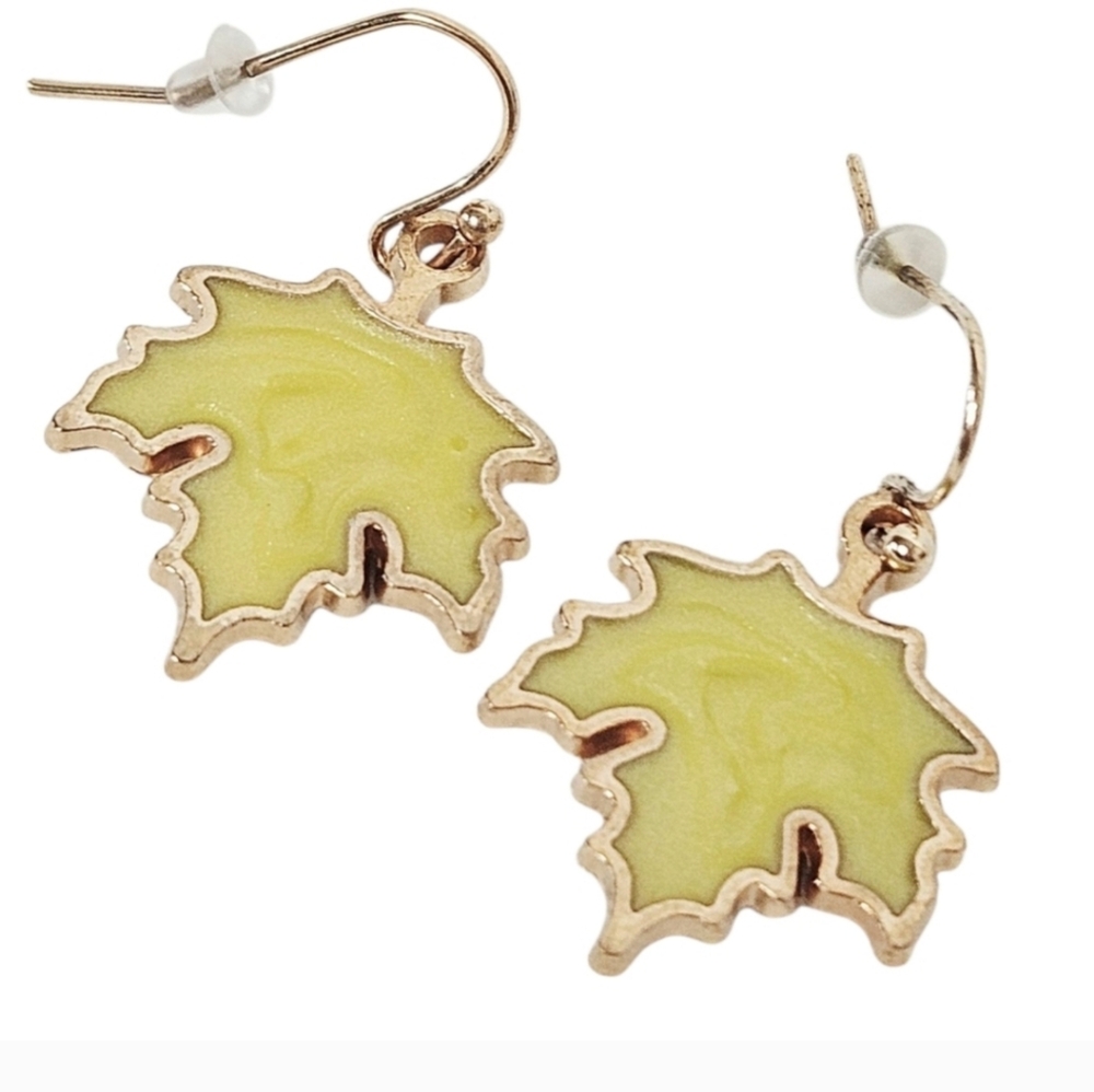 Green Maple Leaf Dangle Earrings Enamel Gold Fall Thanksgiving Autumn - Picture 3 of 5